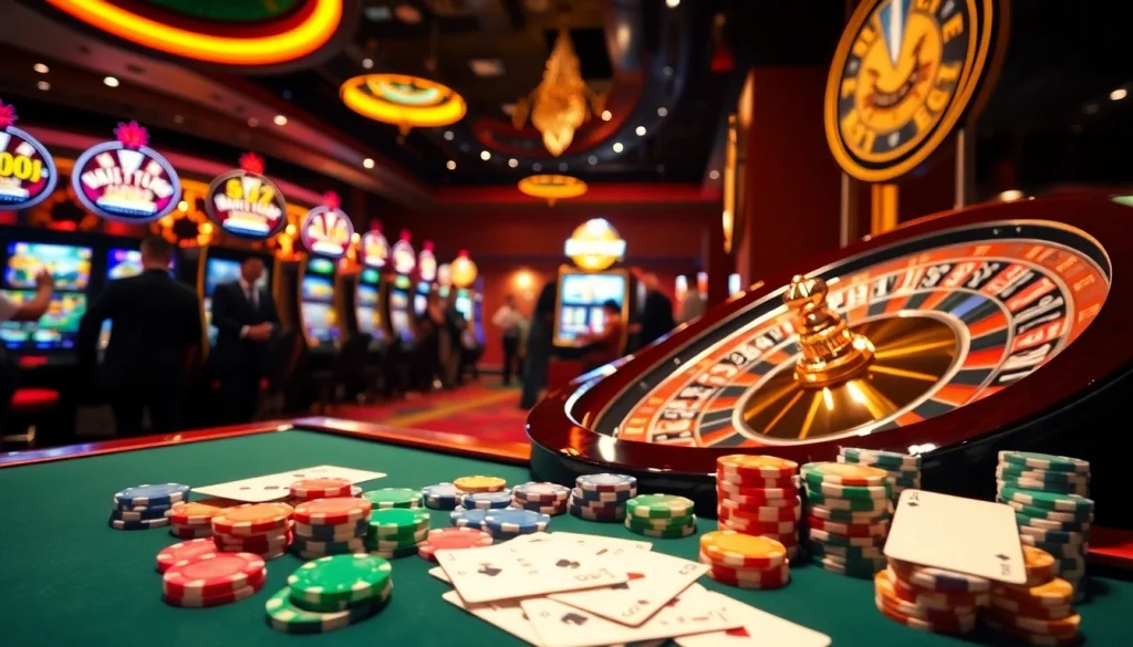 SHBET casino experience: players enjoying vibrant roulette and slot machines.