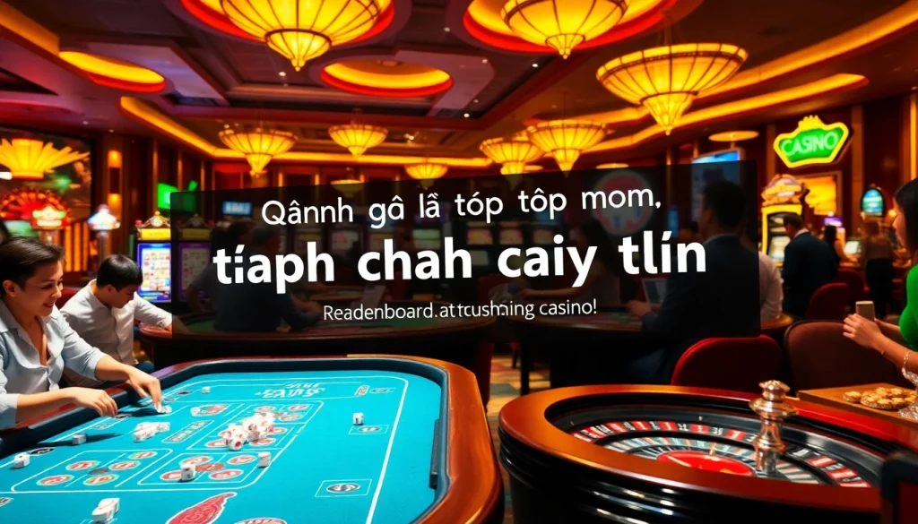 Exciting casino atmosphere featuring đánh giá top nhà cái uy tín displayed prominently, showcasing players at roulette and poker tables in a vibrant setting.