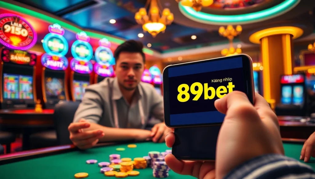 Experience thrilling gameplay as you Đăng Nhập 89bet to join the action at the poker table surrounded by lively casino elements.