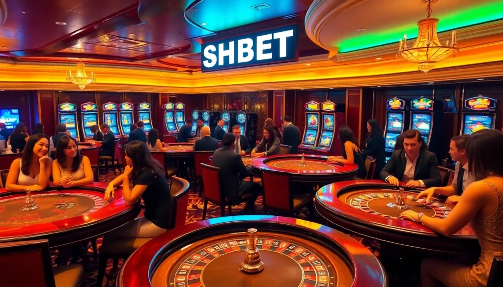 SHBET casino scene with players excitedly engaging in Blackjack and Roulette games under warm lighting.